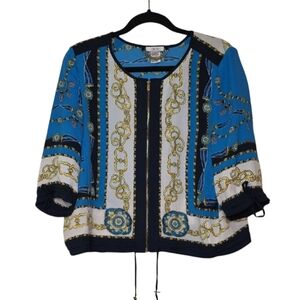 Cache Nautical Chain Print Jacket Blue Gold Resortwear Zip Front Drawstring L